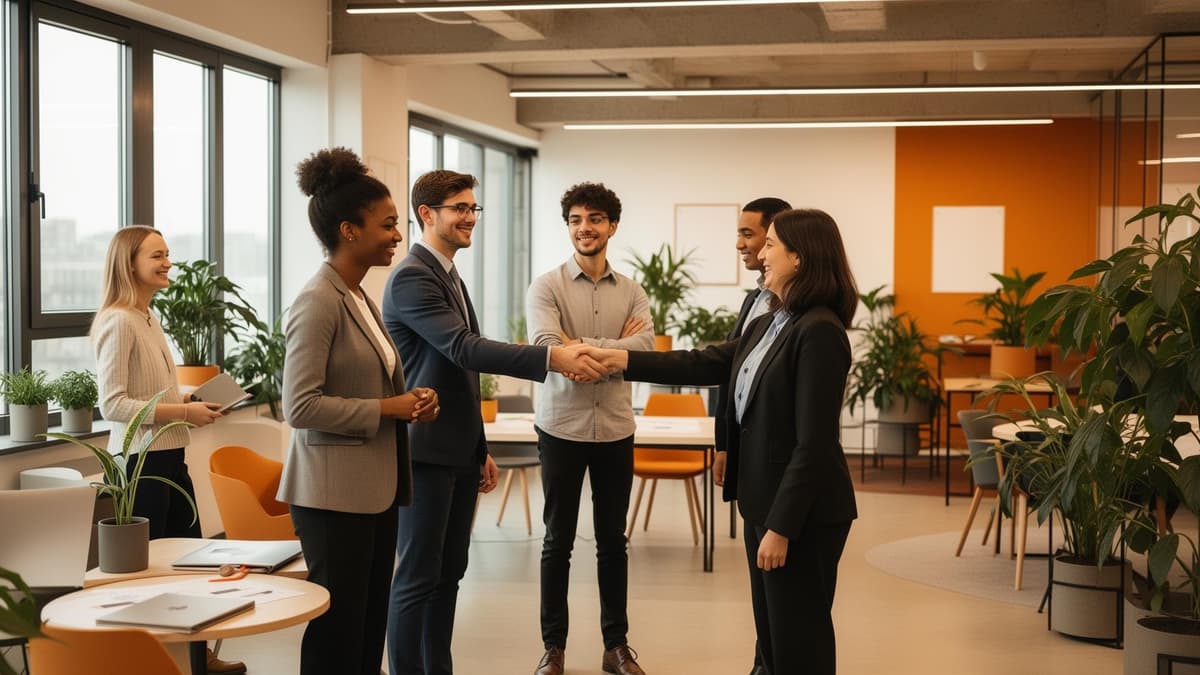 Profissionais fechando parceria de marketing digital e SEO em escritório moderno da webfuture