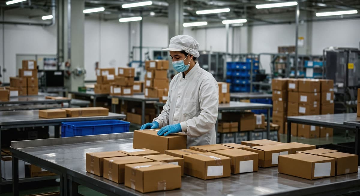 Funcionário embalando caixas de papelão em linha de produção