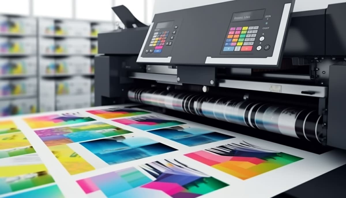 Impressora offset colorida imprimindo folhas em gráfica industrial