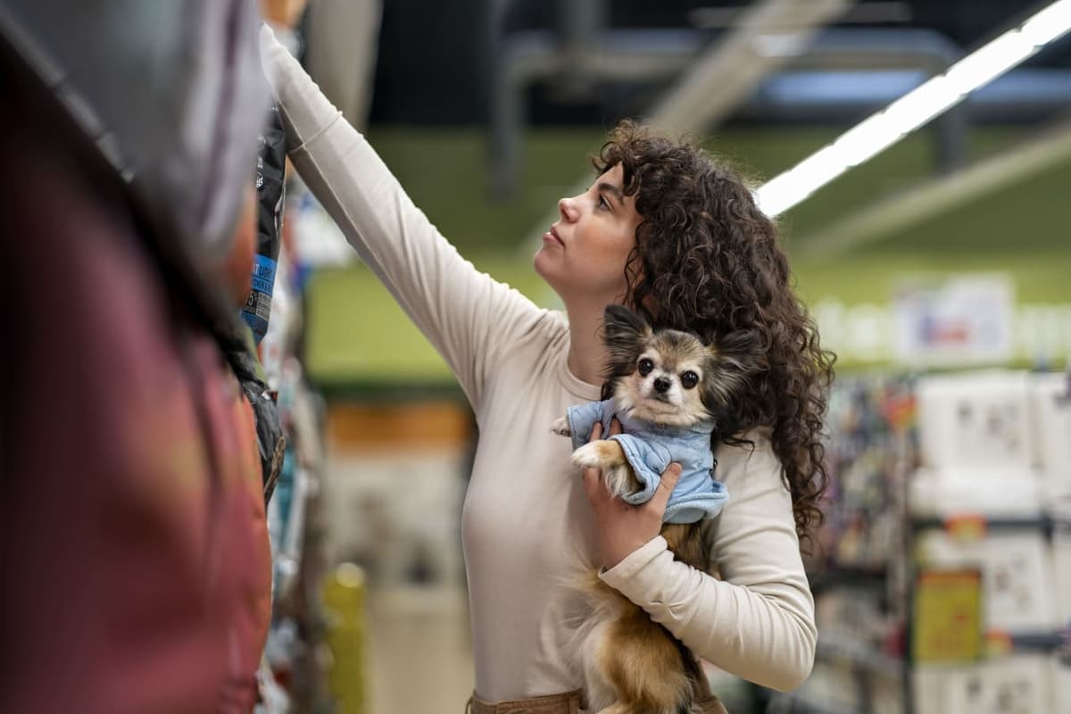 Mulher segurando cachorro chihuahua enquanto escolhe produto na prateleira de um petshop