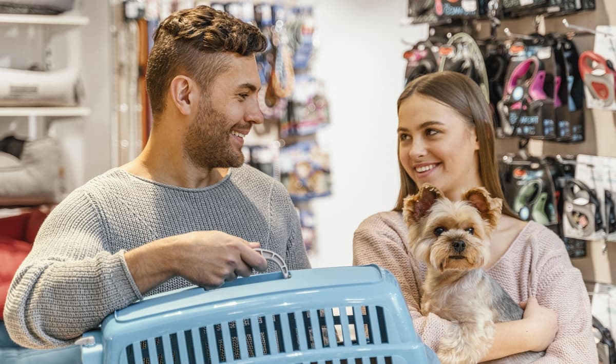 Casal sorridente com cachorro Yorkshire e caixa de transporte em petshop