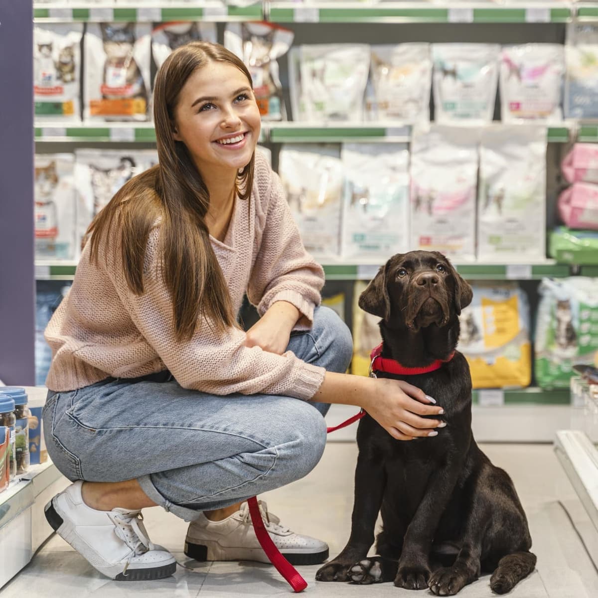 Mulher agachada acariciando filhote de labrador em corredor de petshop
