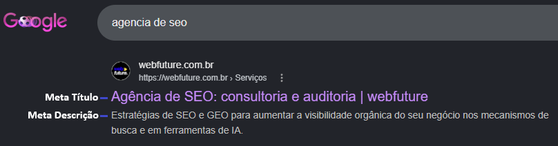 ~SERP do google com o termo agencia de SEO mostrando o meta título e meta descrição do site da webfuture